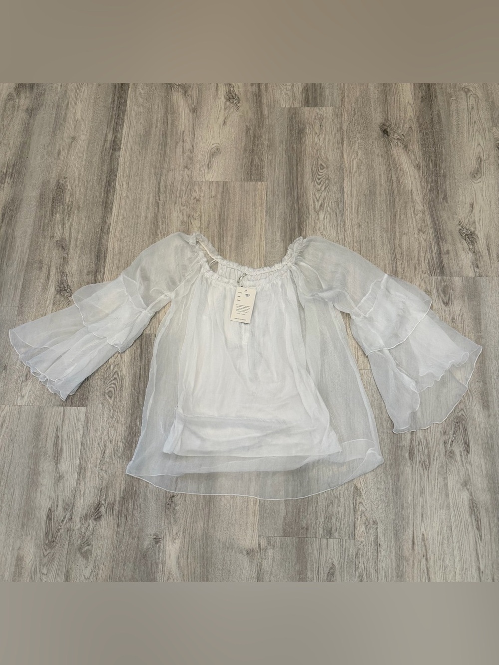 NWT India Boutique White Sheer Boho Peasant Blouse One Size Ruffle Bell Sleeve - Picture 2 of 4